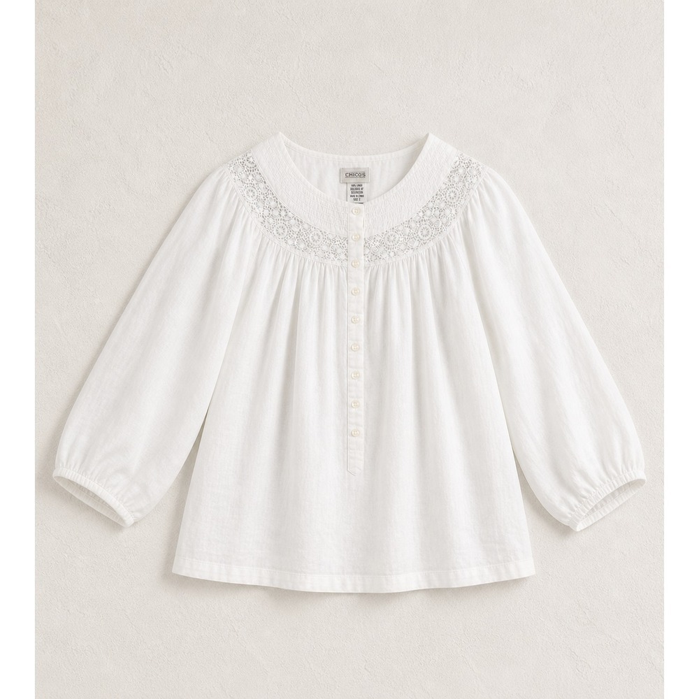 Chico's 100% Linen Blouse Top Sz L White Lace Accent Dainty Coastal 3/4 Sleeve